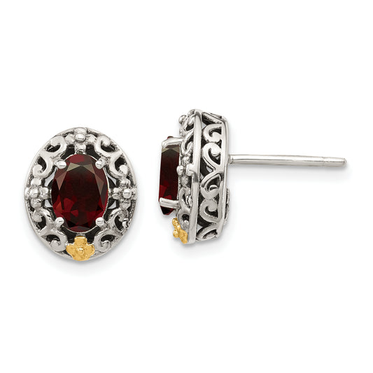 14K/Silver Two Tone Shey Couture Sterling Silver With 14K Accent Antiqued Oval Garnet Post Earrings