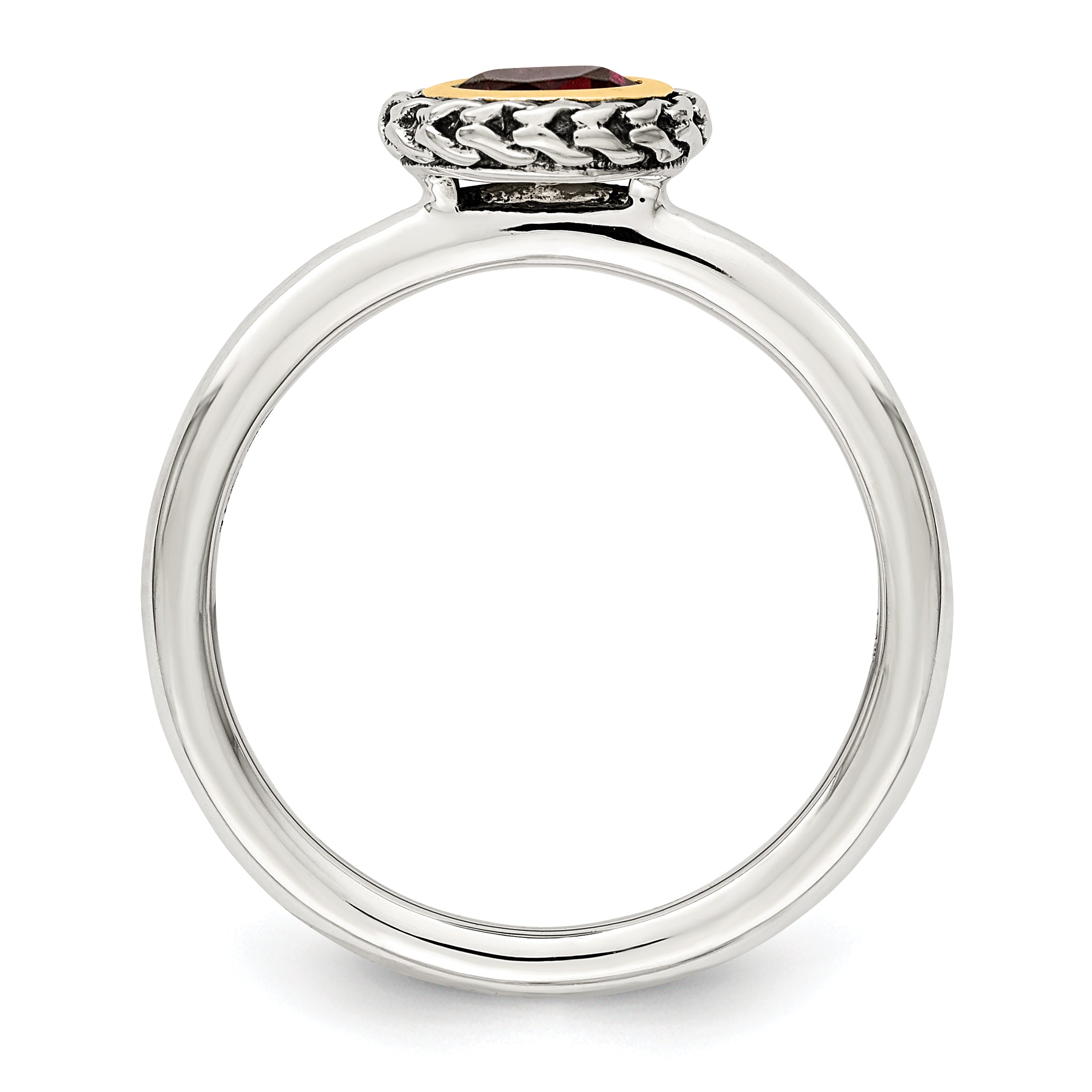 14K/Silver Two Tone Shey Couture Sterling Silver With 14K Accent Antiqued Round Bezel Garnet Ring