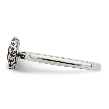 14K/Silver Two Tone Shey Couture Sterling Silver With 14K Accent Antiqued Round Bezel Garnet Ring