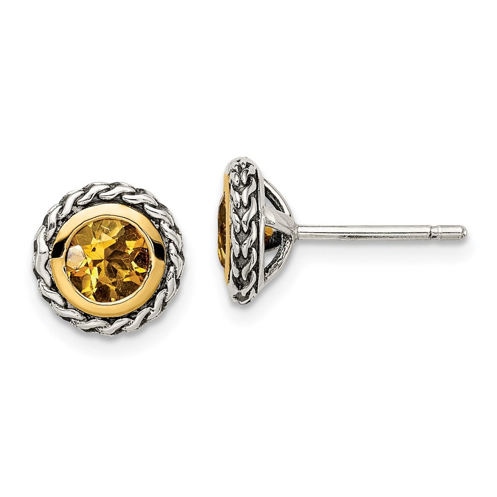 14K/Silver Two Tone Shey Couture Sterling Silver With 14K Accent Antiqued Round Bezel Citrine Post Earrings
