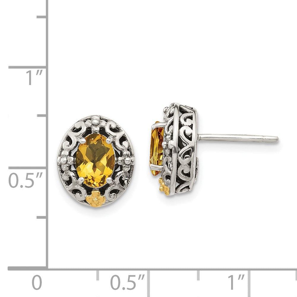 14K/Silver Two Tone Shey Couture Sterling Silver With 14K Accent Antiqued Oval Citrine Post Earrings