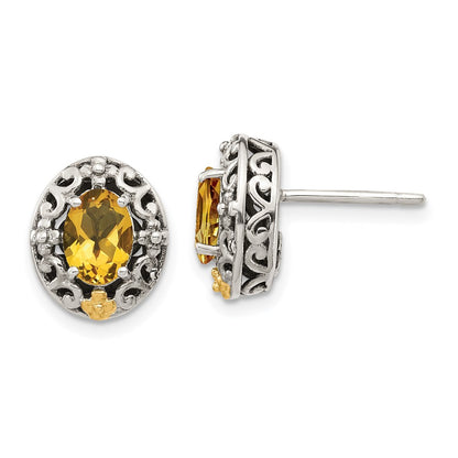 14K/Silver Two Tone Shey Couture Sterling Silver With 14K Accent Antiqued Oval Citrine Post Earrings