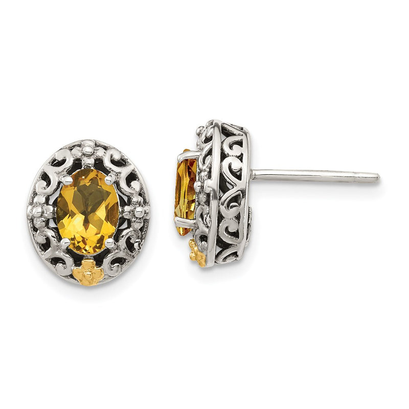 14K/Silver Two Tone Shey Couture Sterling Silver With 14K Accent Antiqued Oval Citrine Post Earrings