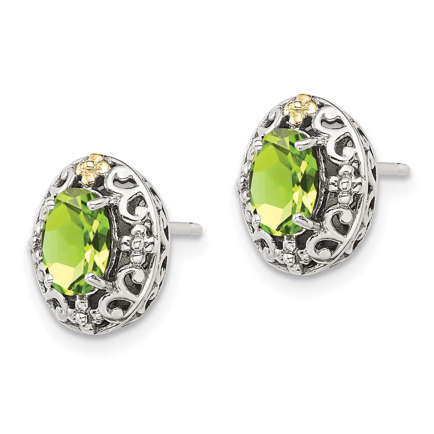 14K/Silver Two Tone Shey Couture Sterling Silver With 14K Accent Antiqued Oval Peridot Post Earrings
