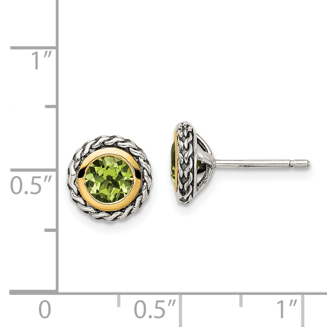 14K/Silver Two Tone Shey Couture Sterling Silver With 14K Accent Antiqued Round Bezel Peridot Post Earrings