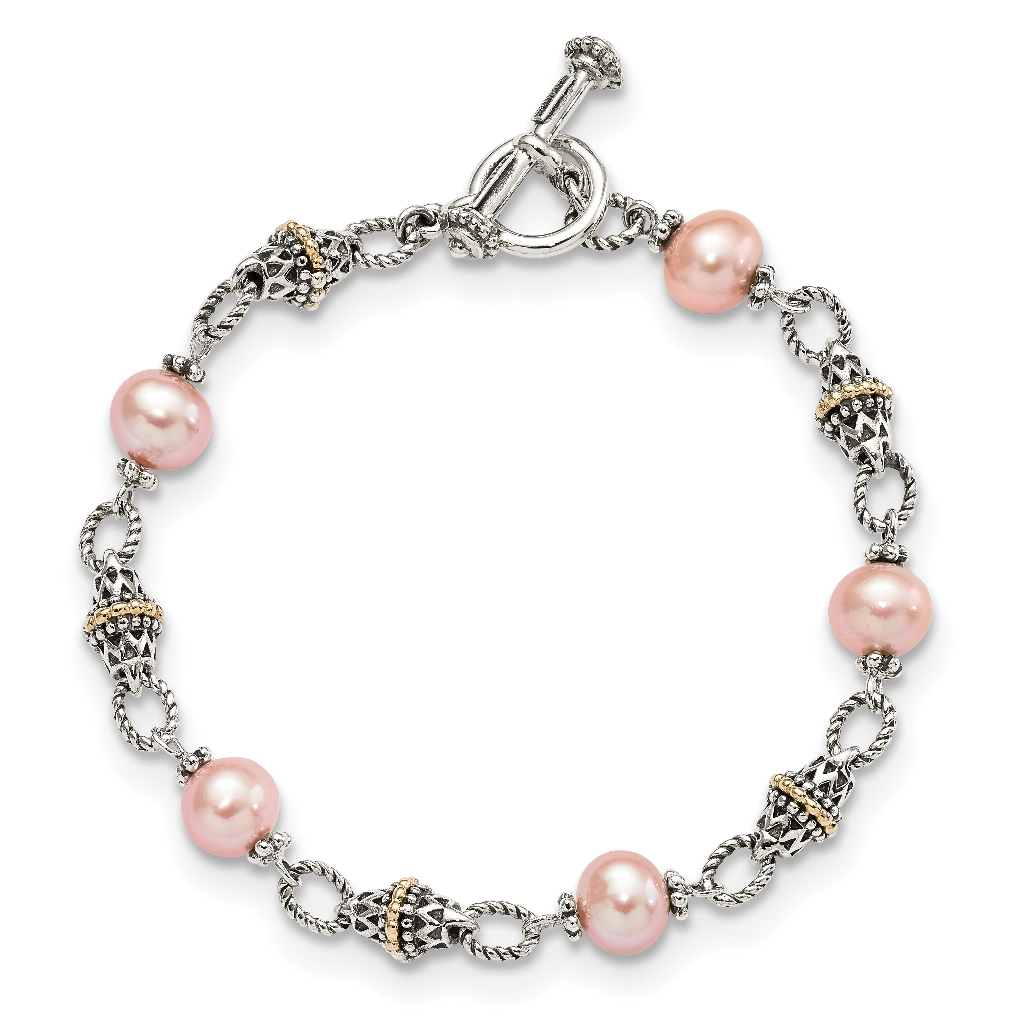 14K/Silver Two Tone Shey Couture Sterling Silver With 14K Accent 7.5 Inch Antiqued 9 10mm Freshwater Cultured Pink Pearl Bracelet