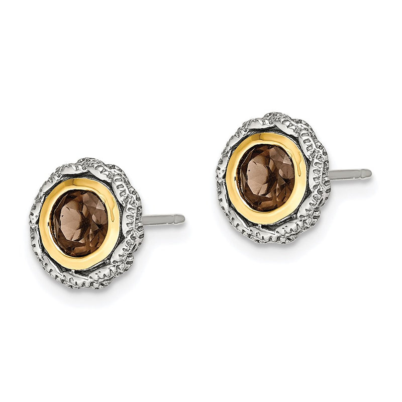 14K/Silver Two Tone Shey Couture Sterling Silver With 14K Accent Antiqued Round Bezel Smoky Quartz Post Earrings