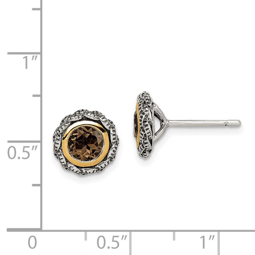 14K/Silver Two Tone Shey Couture Sterling Silver With 14K Accent Antiqued Round Bezel Smoky Quartz Post Earrings