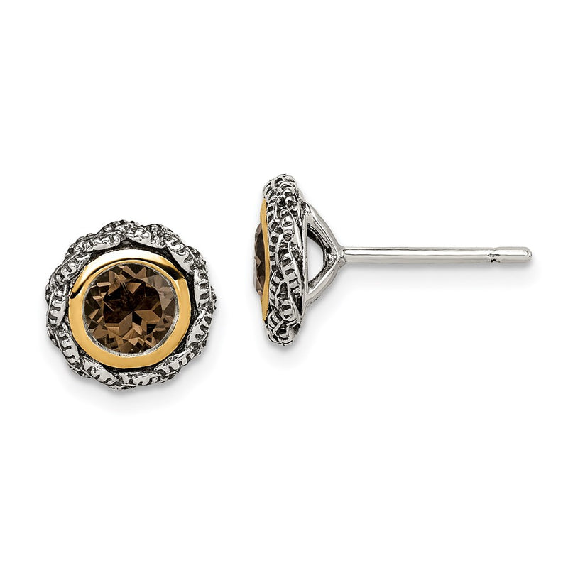 14K/Silver Two Tone Shey Couture Sterling Silver With 14K Accent Antiqued Round Bezel Smoky Quartz Post Earrings