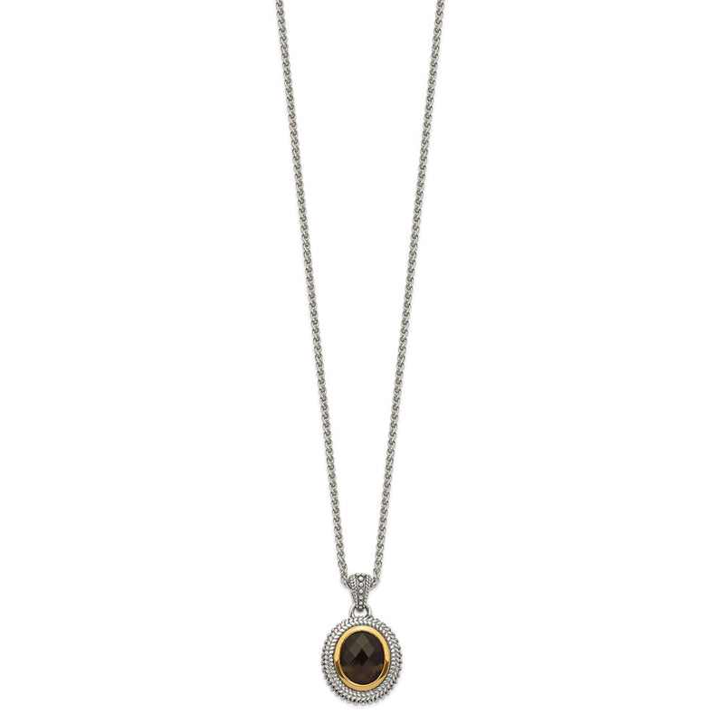 14K/Silver Two Tone Shey Couture Sterling Silver With 14K Accent 18 Inch Antiqued Oval Bezel Smoky Quartz Necklace