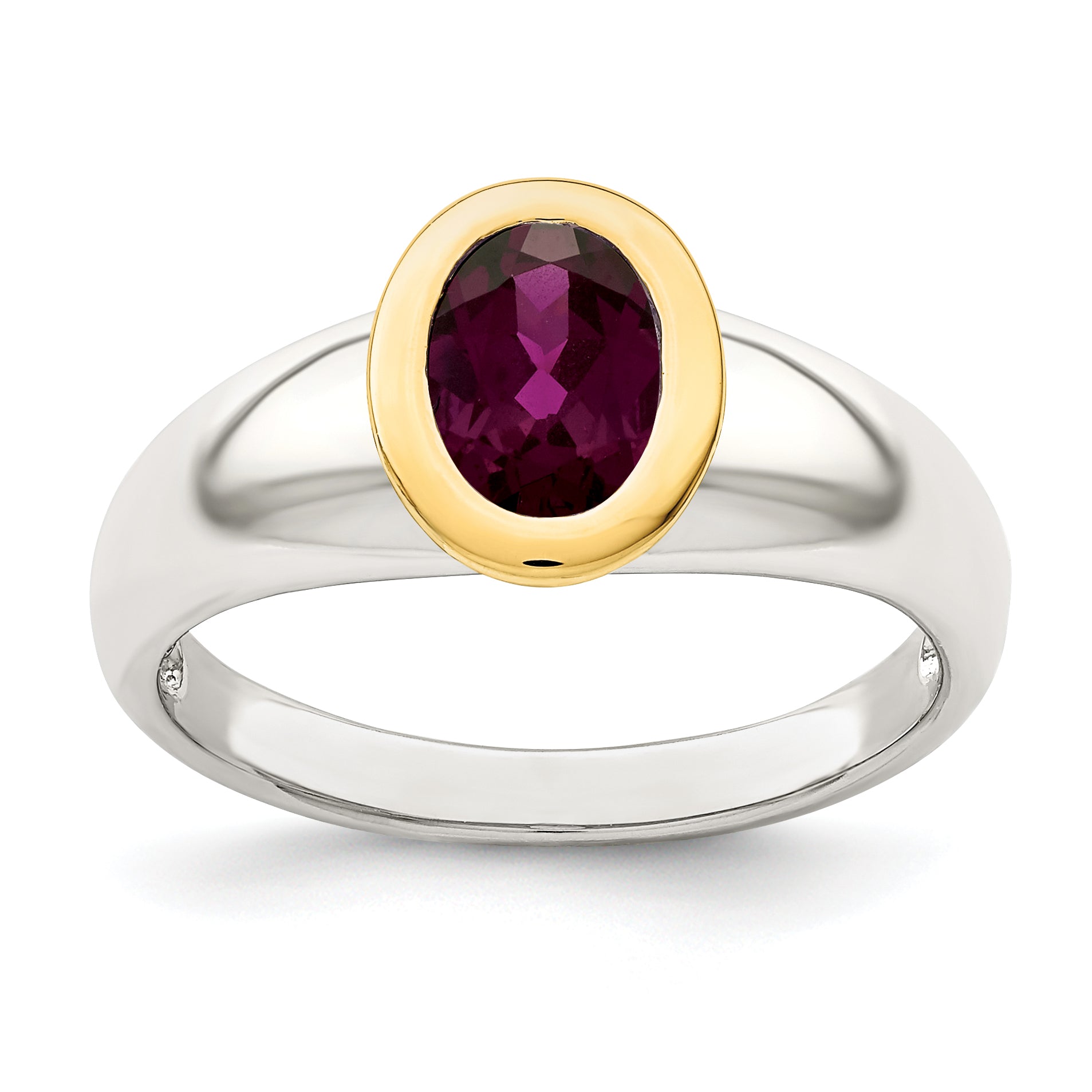 14K/Silver Two Tone Shey Couture Sterling Silver Rhodium Plated With 14K Accent Oval Bezel Rhodolite Garnet Ring