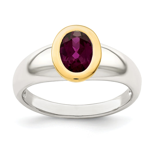 14K/Silver Two Tone Shey Couture Sterling Silver Rhodium Plated With 14K Accent Oval Bezel Rhodolite Garnet Ring