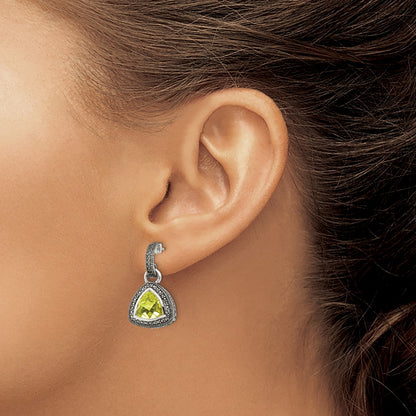 14K/Silver Two Tone Shey Couture Sterling Silver With 14K Accent Antiqued Trillion Bezel Lemon Quartz Dangle Earrings