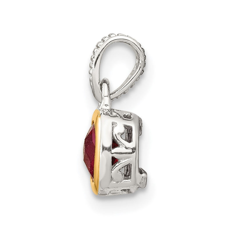 14K/Silver Two Tone Shey Couture Sterling Silver Rhodium Plated With 14K Accent Polished Cushion Cut Created Ruby Pendant