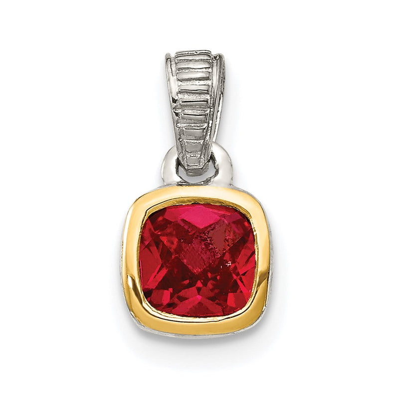 14K/Silver Two Tone Shey Couture Sterling Silver Rhodium Plated With 14K Accent Polished Cushion Cut Created Ruby Pendant