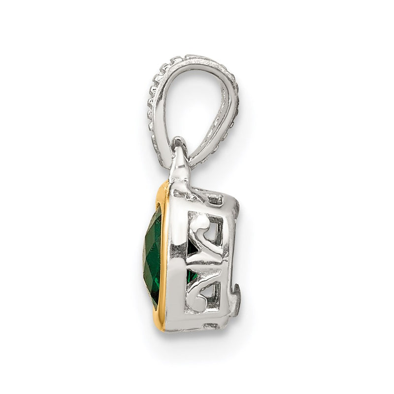14K/Silver Two Tone Shey Couture Sterling Silver Rhodium Plated With 14K Accent Polished Cushion Cut Created Emerald Pendant
