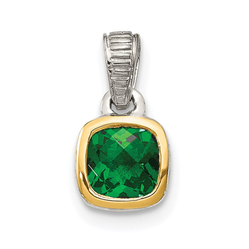 14K/Silver Two Tone Shey Couture Sterling Silver Rhodium Plated With 14K Accent Polished Cushion Cut Created Emerald Pendant