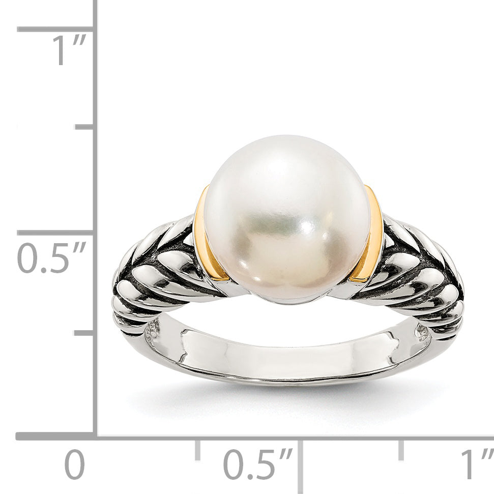 14K/Silver Two Tone Shey Couture Sterling Silver With 14K Accent Antiqued 10mm Button Freshwater Cultured Pearl Ring