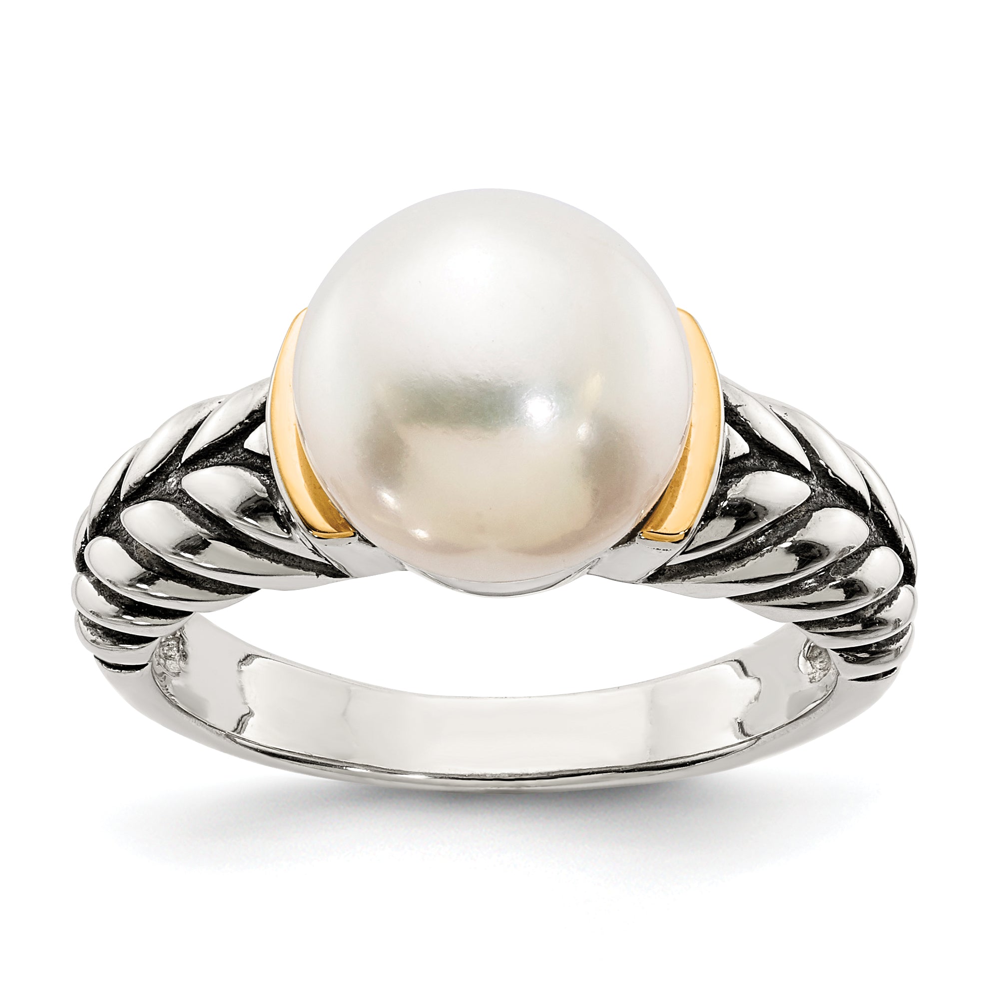14K/Silver Two Tone Shey Couture Sterling Silver With 14K Accent Antiqued 10mm Button Freshwater Cultured Pearl Ring