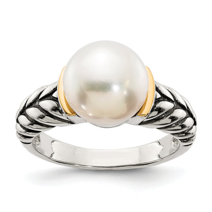 14K/Silver Two Tone Shey Couture Sterling Silver With 14K Accent Antiqued 10mm Button Freshwater Cultured Pearl Ring