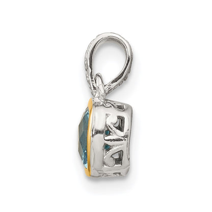 14K/Silver Two Tone Shey Couture Sterling Silver Rhod Plated With 14K Accent Polished Cushion Cut Light Swiss Blue Topaz Pendant