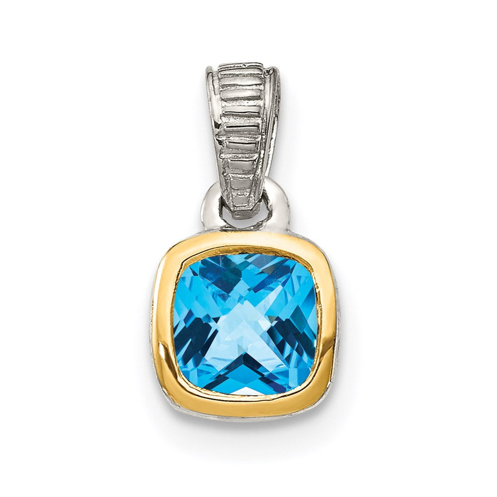 14K/Silver Two Tone Shey Couture Sterling Silver Rhod Plated With 14K Accent Polished Cushion Cut Light Swiss Blue Topaz Pendant