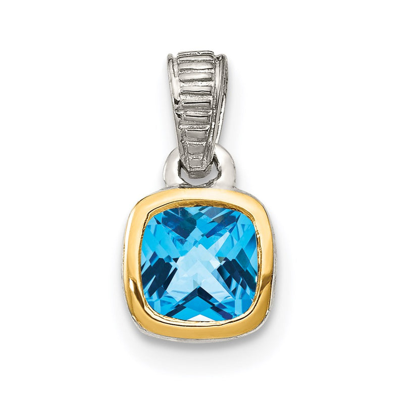 14K/Silver Two Tone Shey Couture Sterling Silver Rhod Plated With 14K Accent Polished Cushion Cut Light Swiss Blue Topaz Pendant
