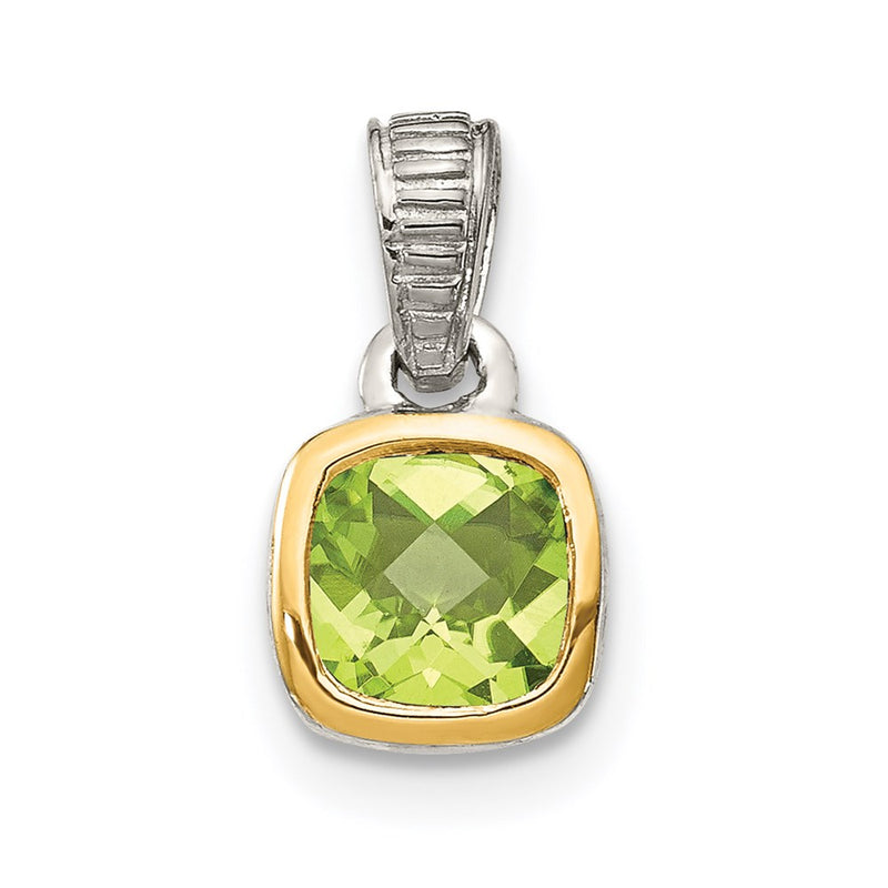 14K/Silver Two Tone Shey Couture Sterling Silver Rhodium Plated With 14K Accent Polished Cushion Cut Peridot Pendant
