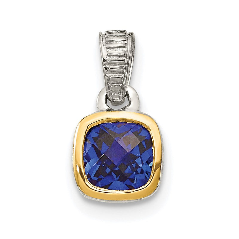 14K/Silver Two Tone Shey Couture Sterling Silver Rhodium Plated With 14K Accent Polished Cushion Cut Created Sapphire Pendant