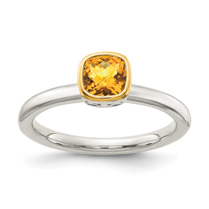 14K/Silver Two Tone Shey Couture Sterling Silver Rhodium Plated With 14K Accent Polished Cushion Cut Citrine Ring