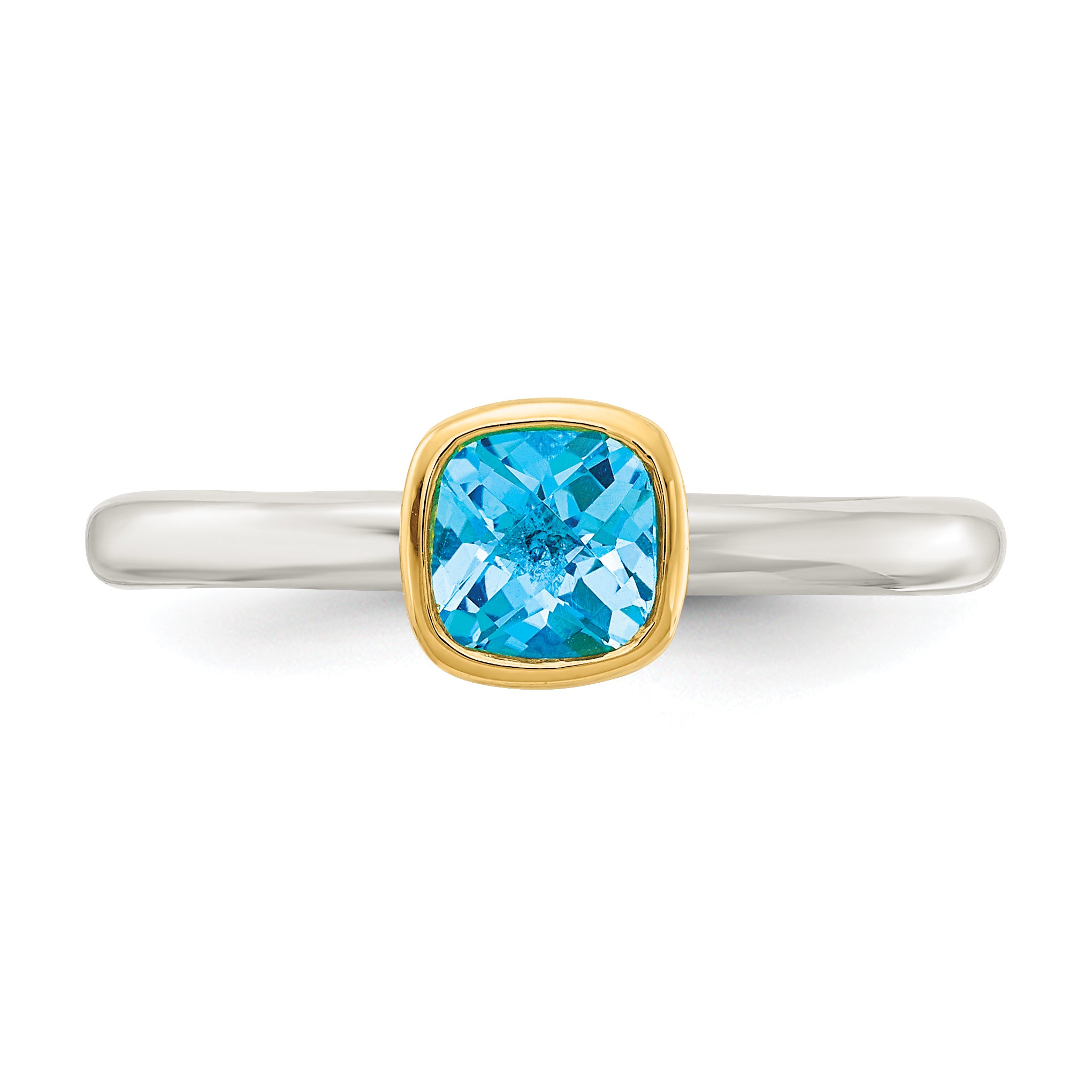 14K/Silver Two Tone Shey Couture Sterling Silver Rhodium Plated With 14K Accent Polished Cushion Cut Light Swiss Blue Topaz Ring
