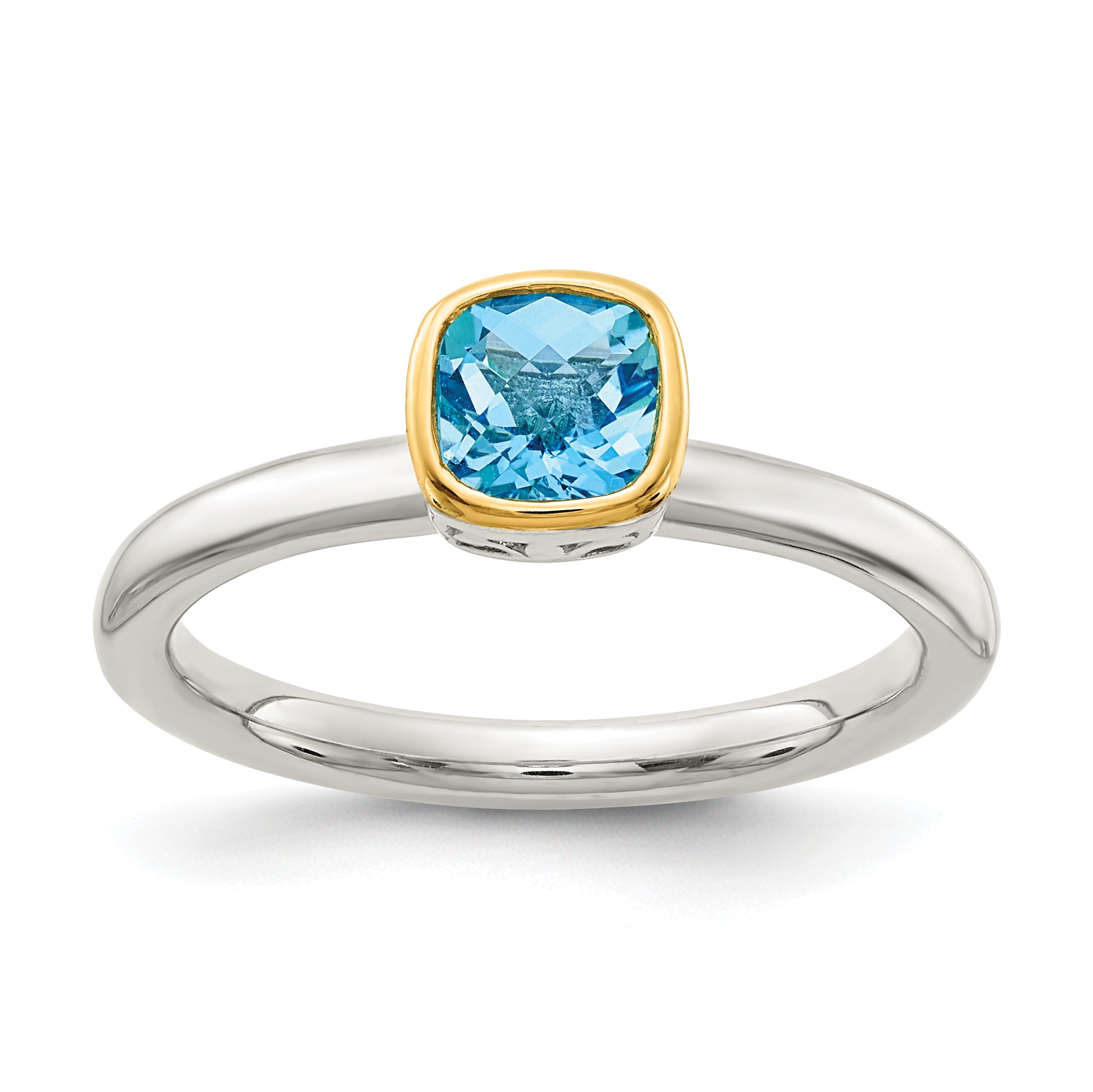 14K/Silver Two Tone Shey Couture Sterling Silver Rhodium Plated With 14K Accent Polished Cushion Cut Light Swiss Blue Topaz Ring