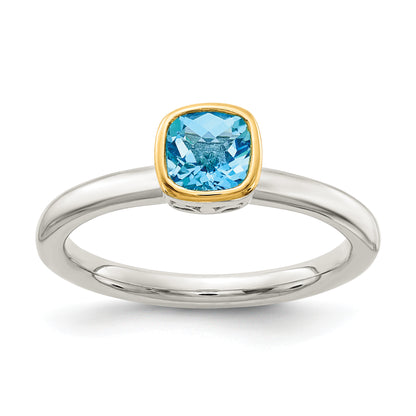 14K/Silver Two Tone Shey Couture Sterling Silver Rhodium Plated With 14K Accent Polished Cushion Cut Light Swiss Blue Topaz Ring