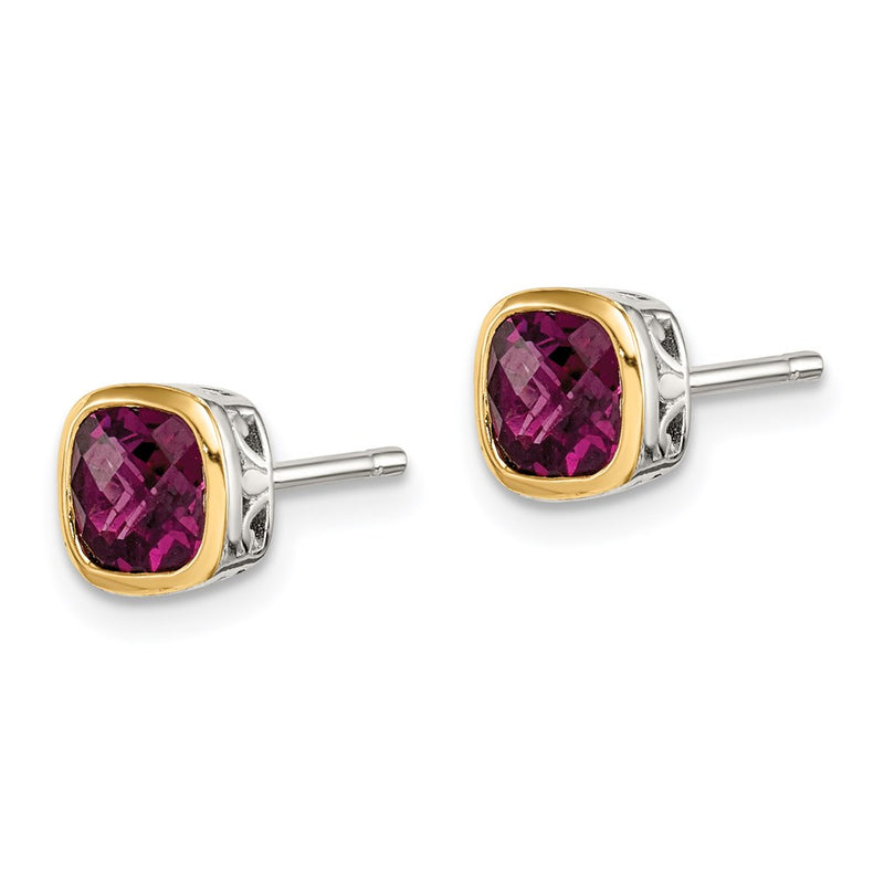14K/Silver Two Tone Shey Couture Sterling Silver Rhodium Plated With 14K Accent Rhodolite Garnet Square Stud Earrings