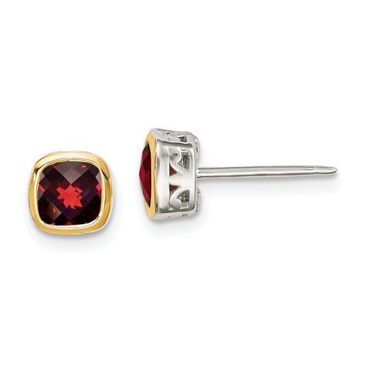 14K/Silver Two Tone Shey Couture Sterling Silver Rhodium Plated With 14K Accent Garnet Square Stud Earrings