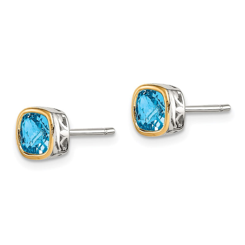14K/Silver Two Tone Shey Couture Sterling Silver Rhodium Plated With 14K Accent Light Swiss Blue Topaz Square Stud Earrings