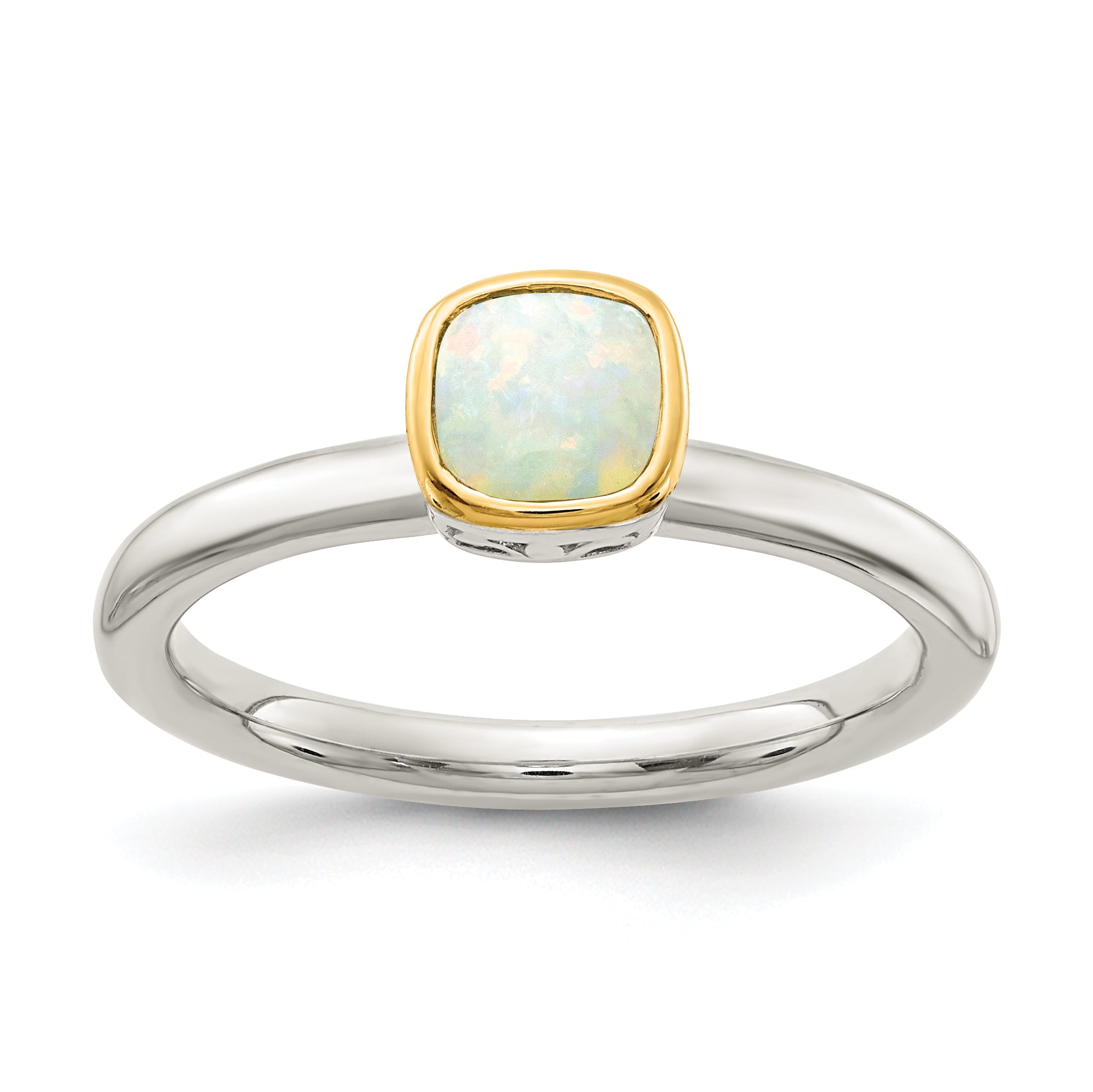 14K/Silver Two Tone Shey Couture Sterling Silver Rhodium Plated With 14K Accent Polished Cushion Cut Milky Opal Ring