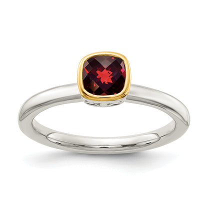 14K/Silver Two Tone Shey Couture Sterling Silver Rhodium Plated With 14K Accent Polished Cushion Cut Garnet Ring