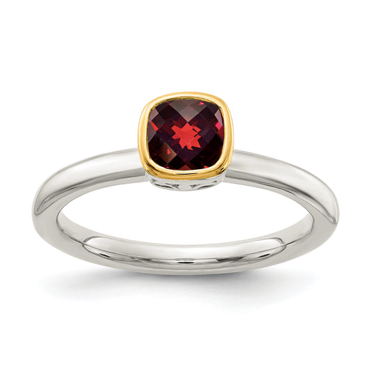 14K/Silver Two Tone Shey Couture Sterling Silver Rhodium Plated With 14K Accent Polished Cushion Cut Garnet Ring