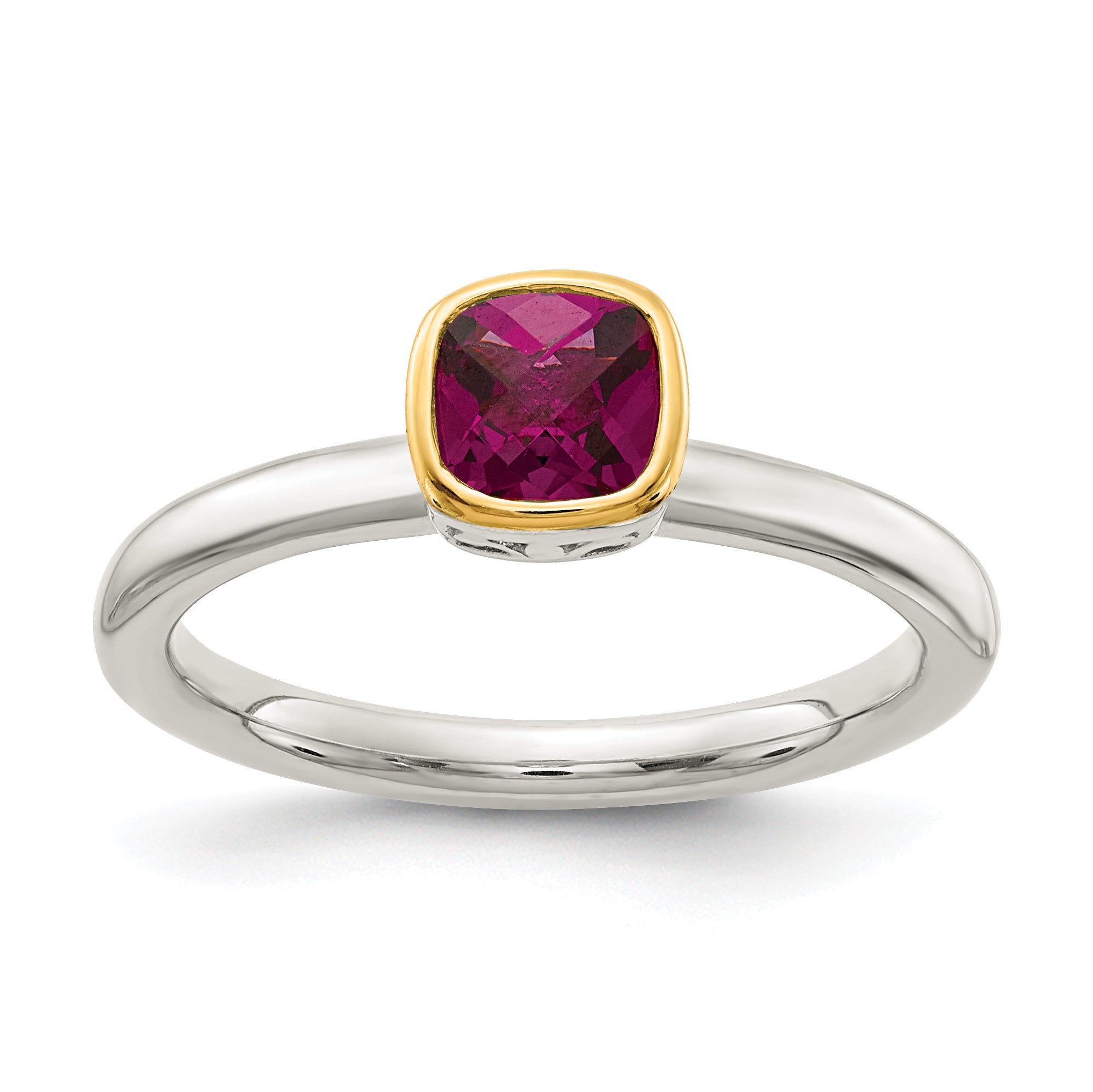 14K/Silver Two Tone Shey Couture Sterling Silver Rhodium Plated With 14K Accent Polished Cushion Cut Rhodolite Garnet Ring