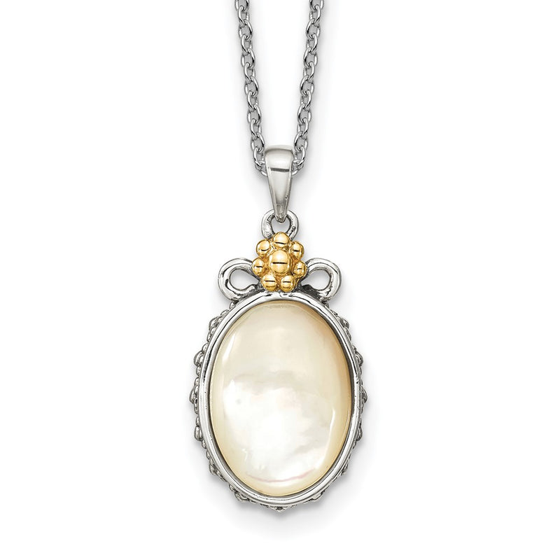 14K/Silver Two Tone Shey Couture Sterling Silver With 14K Accent 18 Inch Floral Oval Mother Of Pearl Necklace