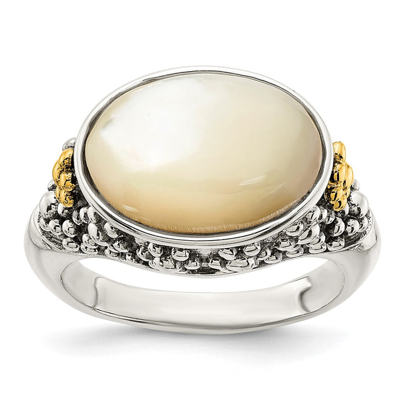 14K/Silver Two Tone Shey Couture Sterling Silver With 14K Accent Antiqued Floral Oval Mother Of Pearl Ring