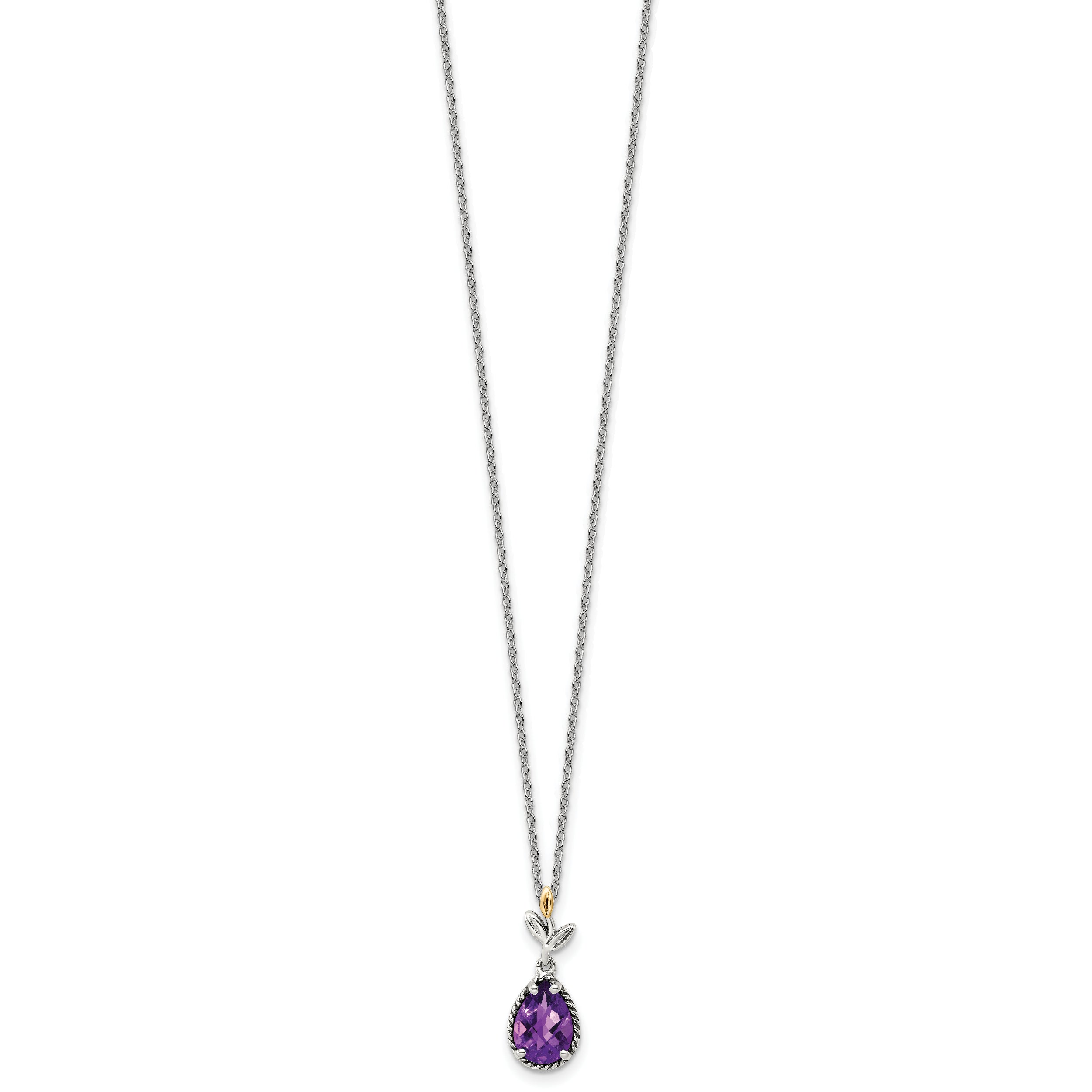 14K/Silver Two Tone Shey Couture Sterling Silver With 14K Accent 18 Inch Leaves Checkerboard Pear Shaped Amethyst Necklace 2 Extender