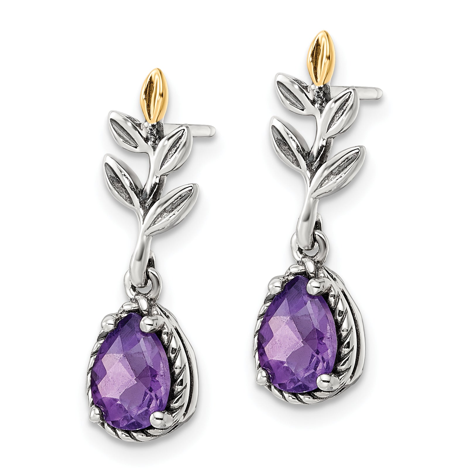 14K/Silver Two Tone Shey Couture Sterling Silver With 14K Accent Leaves Pear Shaped Checkerboard Amethyst Dangle Post Earrings