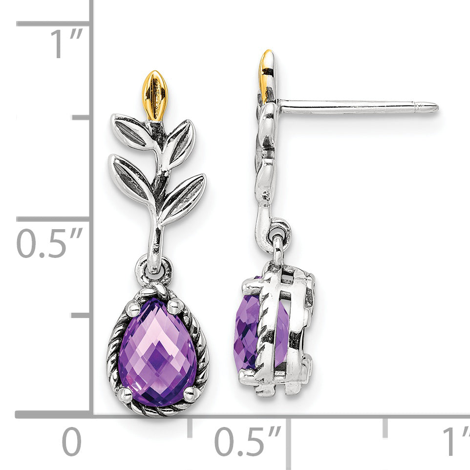14K/Silver Two Tone Shey Couture Sterling Silver With 14K Accent Leaves Pear Shaped Checkerboard Amethyst Dangle Post Earrings