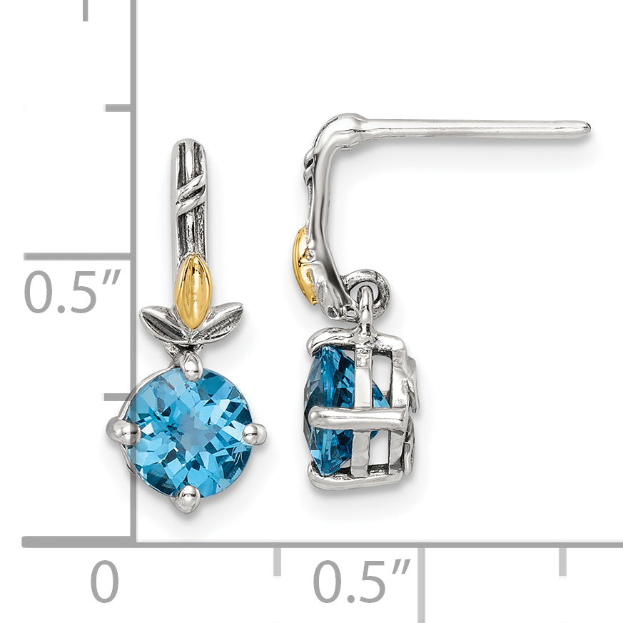 14K/Silver Two Tone Shey Couture Sterling Silver With 14K Accent Antiqued Round Light Swiss Blue Topaz Post Earrings