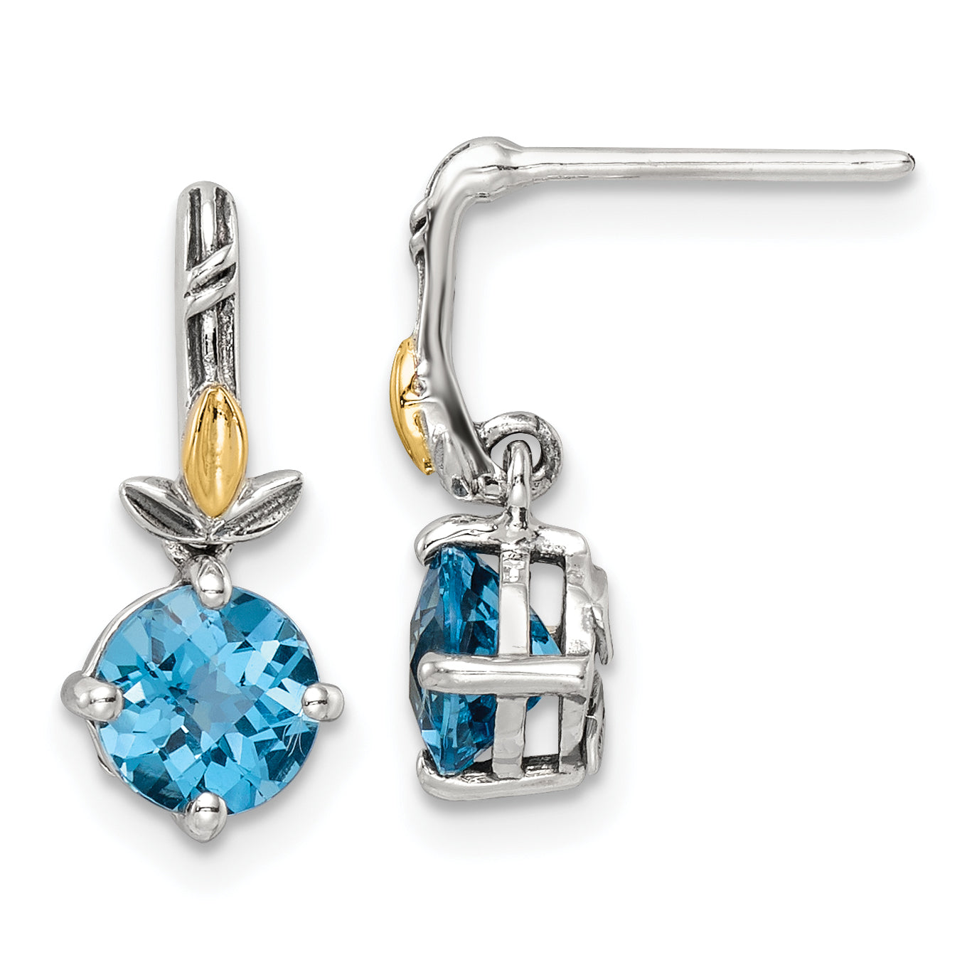 14K/Silver Two Tone Shey Couture Sterling Silver With 14K Accent Antiqued Round Light Swiss Blue Topaz Post Earrings