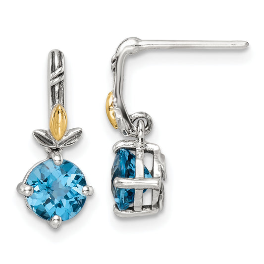 14K/Silver Two Tone Shey Couture Sterling Silver With 14K Accent Antiqued Round Light Swiss Blue Topaz Post Earrings