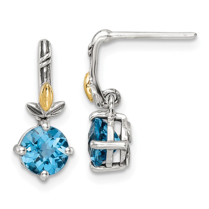 14K/Silver Two Tone Shey Couture Sterling Silver With 14K Accent Antiqued Round Light Swiss Blue Topaz Post Earrings