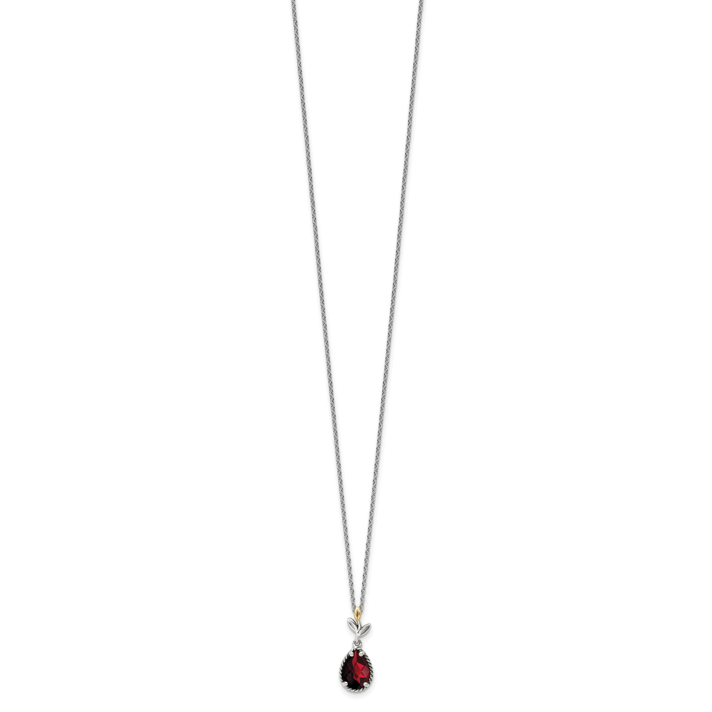 14K/Silver Two Tone Shey Couture Sterling Silver With 14K Accent 18 Inch Antiqued Leaves Pear Shaped Checkerboard Garnet Necklace 2 Extender